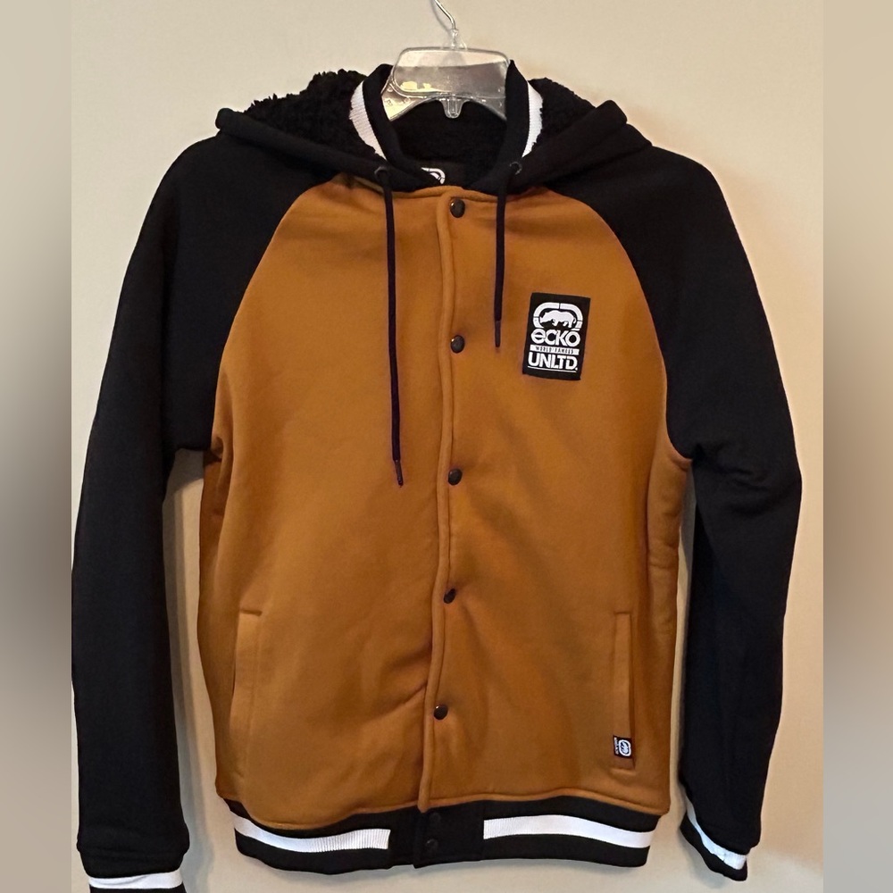 Ecko Unltd Young Men’s Sherpa Lined Baseball Varsity Jacket Hood Size Medium NWT